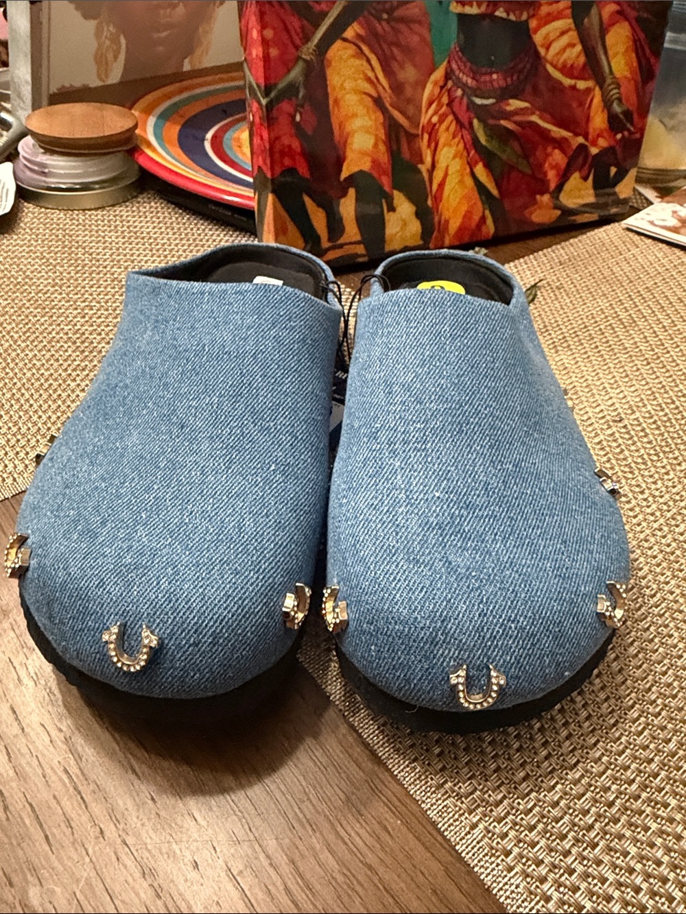 True Religion Denim Blue Slip-On Mules with Horseshoe Studs - Picture 6 of 17